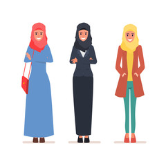 Arab women character set. Muslim arabian dress. Traditional clothes.