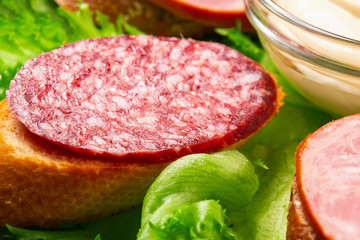 Several sandwiches with sausage and salami and sauce on a plate, close up