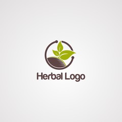 herbal logo vector, with brown ground and leaf, element, and template