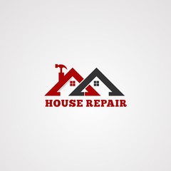 house repair service logo vector, with twin roof in red color, tool hammer, element, and template for company