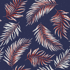 Seamless pattern of a tropical palm tree, jungle leaves. Vector floral pattern. Blue.