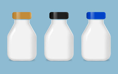 Set of glass milk bottle. Fresh and natural organic milk farm daily product.
