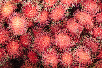 Organic fresh rambutan for sale at the fruit market. Rambutan (Nephelium lappaceum) is a medium-sized tropical tree in the family Sapindaceae