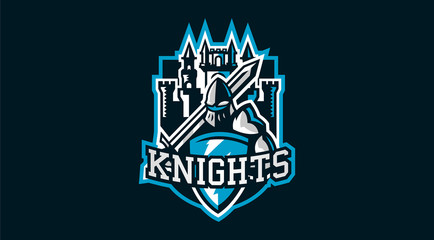 Colorful logo, knight s emblem in iron armor. A warrior of the Middle Ages, a knight holds a shield and a sword, swordsman, castle, fortess, warrior, defender, lettering. Vector illustration