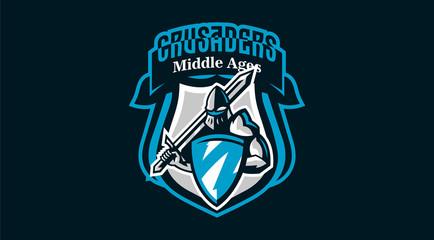 Colorful logo, knight s emblem in iron armor. A warrior of the Middle Ages, a knight holds a shield and a sword, swordsman, warrior, defender, lettering. Vector illustration