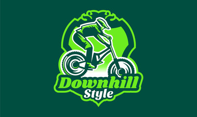 Emblem of a cyclist on a mountain bike. Sport bike logo. Sport bicycle, racer, jump, downhill, mtb, bmx, race, extreme. Vector illustration