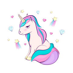 Cute magical unicorn with diamond, heart, rainbow, star. Vector design isolated. Illustration for children.
