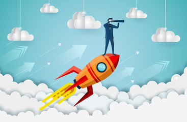 Businessmen standing holding binoculars on a space shuttle up to the sky while flying above a cloud. go to success goal.business finance. leadership. creative idea. startup. cartoon vector