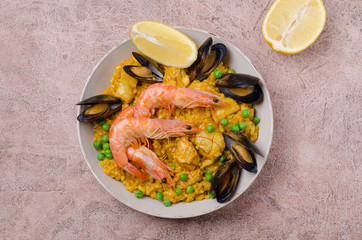 Traditional paella with seafood