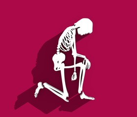 Human skeleton kneeling. Halloween party design template. 3D rendering. Web icon with long shadow