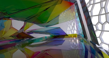 Fototapeta premium Abstract white and colored gradient glasses interior multilevel public space with window. 3D illustration and rendering.