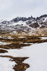 Snowy landscape and mountain range in the south of Iceland.