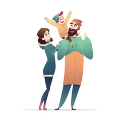 Happy family together. Father, mother, son and daughter. Winter fashion Cartoon flat modern design.