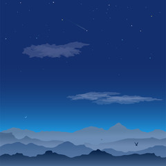 Vector greeting card with mountain landscape. Quiet night, clouds and birds soaring in the sky. Misty hills at midnight