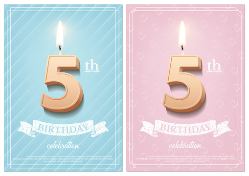 Burning number 5 birthday candle with vintage ribbon and birthday celebration text on textured blue and pink backgrounds in postcard format. Vector vertical fifth birthday invitation templates.