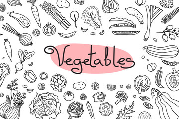 Background with various vegetables and an inscription for menu design, recipes and product packaging. Vector illustration - 250168300