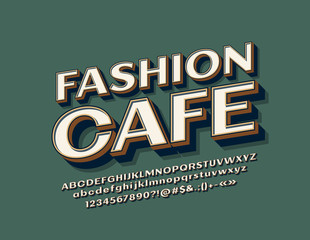 Vector Old style label Fashion Cafe with 3D Alphabet Letters, Numbers and Symbols. Bright Vintage Font. 