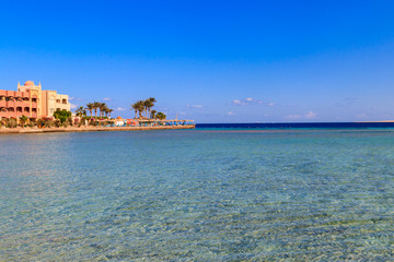 Fototapeta premium View of Red sea coast on the beach in Hurghada, Egypt