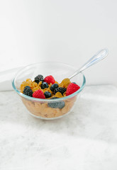 Granola, cereal with berries in the plate on light background