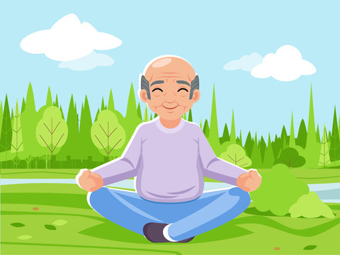 Old man grandfather outdoor park nature fitness meditation adult yoga health cartoon character design vector illustration