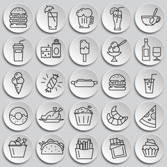 Fastfood outline icons set on plates background for graphic and web design, Modern simple vector sign. Internet concept. Trendy symbol for website design web button or mobile app