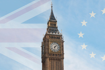 The Big Ben between the Union Jack and the European Flag