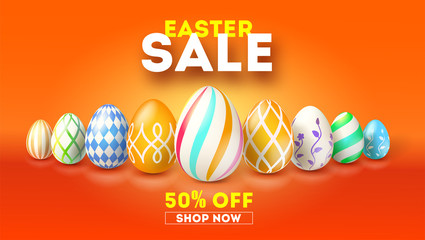 Easter sale get up to 50 percent discount. Hand painted easter eggs on red background. Design of text with message about sale, reduce of price. Realistic vector illustration for Easter holidays