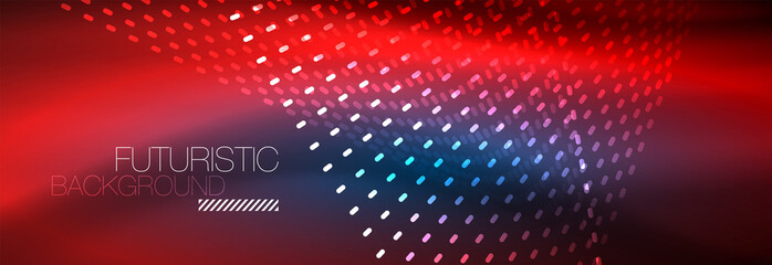 Glowing light particles in dark neon space, magic glow shiny abstract background