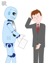人工知能を持つロボットの上司から仕事の注意を受けるビジネスマン。