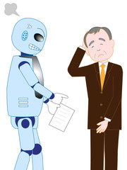 人工知能を持つロボットの上司から仕事の注意を受けるビジネスマン。