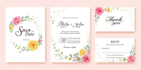 Wedding Invitation, save the date, thank you, rsvp card Design template. Yellow and pink flower, silver dollar, olive leaves, Wax flower.