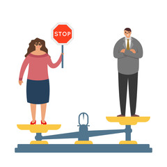 Women fighting gender inequality demand fight fot equal rights male female characters balance scales weigher concept modern flat design vector illustration
