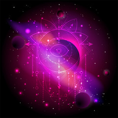 Vector illustration of Sacred or mystic symbol against the space background with planets and stars. Abstract geometric signs drawn in lines. Multicolored. 