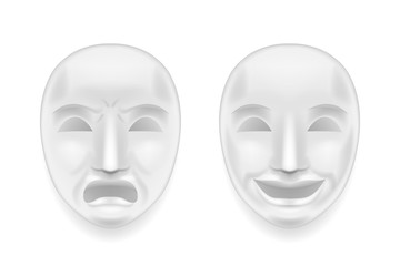 Isolated theatrical face mask sadness joy white actor play antique realistic 3d mock up design vector illustration