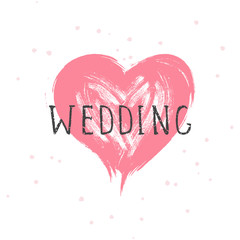 Vector illustration with hand drawn text WEDDING and grunge heart on white background.