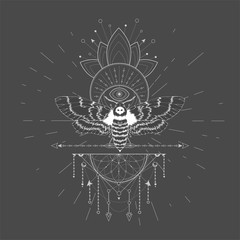 Vector illustration with hand drawn butterfly Dead head and Sacred geometric symbol on black background. Abstract mystic sign. White linear shape. For you design, tattoo or magic craft.