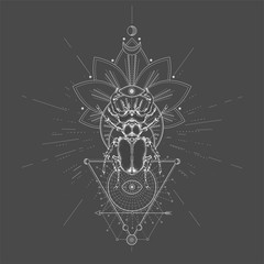 Vector illustration with hand drawn Stag Beetle and Sacred symbol on black background. Abstract mystic sign. White linear shape. For you design, tattoo or magic craft.