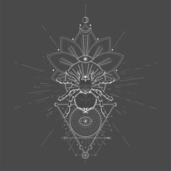 Vector illustration with hand drawn Spider Tarantula and Sacred symbol LOTUS on black background. Abstract mystic sign. White linear shape. For you design, tattoo or magic craft.