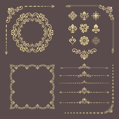 Vintage set of vector horizontal, square and round elements. Different elements for backgrounds, frames and monograms. Classic golden patterns. Set of vintage patterns