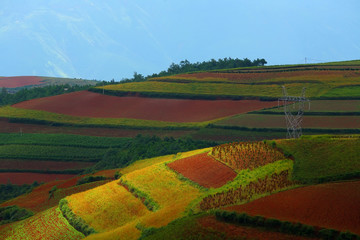 Beautiful country on red dirt with mountains at Kunming in Yunnan, China
