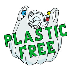 Image of plastic waste labeled plastic for free. Rejection of plastic. Design for labels, stickers. Clean planet.