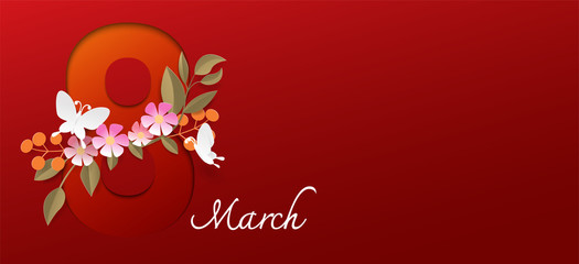 8 march happy women's day on red background.