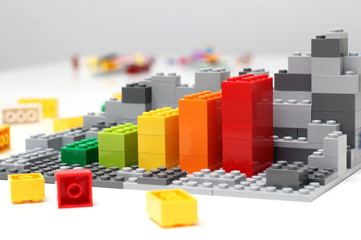 Progress chart made of bricks. Isometric composition of colourful toys on white table.