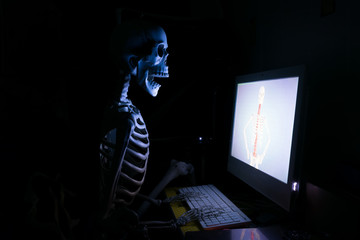 Fake human skeleton sitting in front of desktop computer, computer addicted concept.