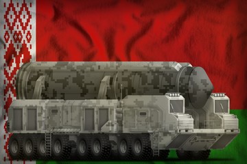 intercontinental ballistic missile with city camouflage on the Belarus national flag background. 3d Illustration
