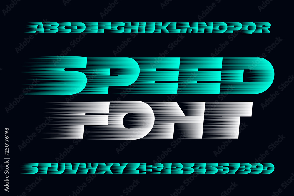 Fototapete speed alphabet font. fast speed effect uppercase letters, numbers and symbols. stock vector typescri