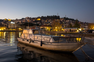 Dusk View of boat at Lake Ohrid In North Macedonia