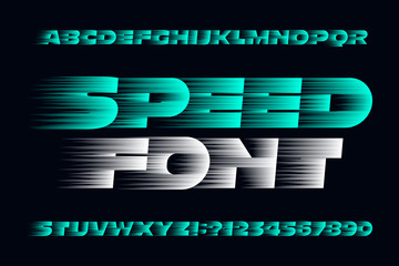 Speed alphabet font. Fast speed effect uppercase letters, numbers and symbols. Stock vector typescript for your design. Easy color change.