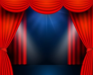 Red curtains partires theater scene. Theater stage, festival and celebration background. glowing stage lights