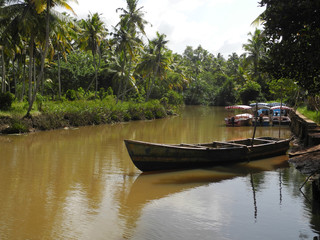 Fototapeta na wymiar Boat anchored on backwaterы in Kerala, Kochi
